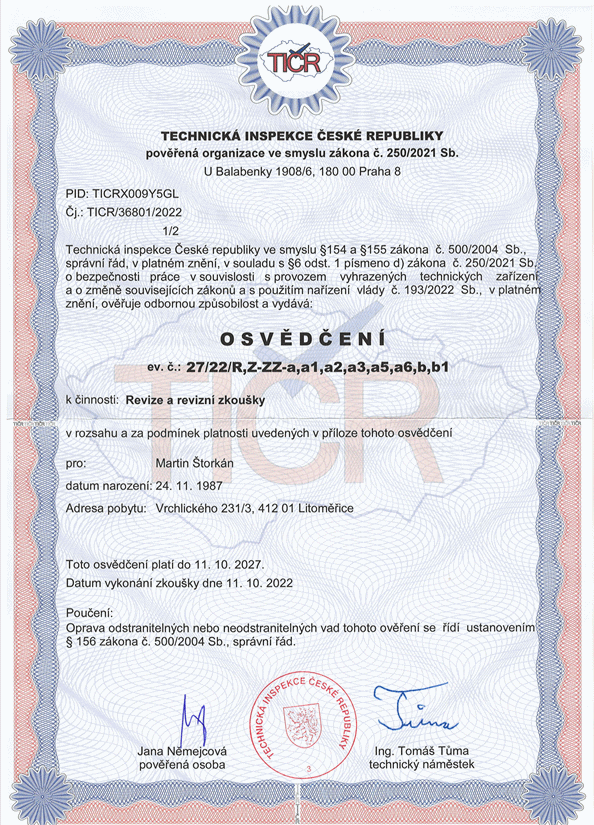 Osvědčení TIČR revize a revizní zkoušky Martin Štorkán