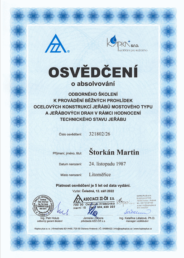 Osvědčení - revize ocelových konstrukcí