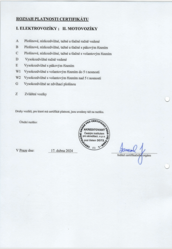 Obsluha VZV - rozsah platnosti certifikátu