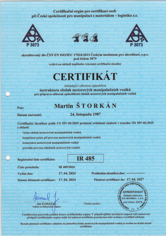 Certifikát - instruktor obsluhy VZV